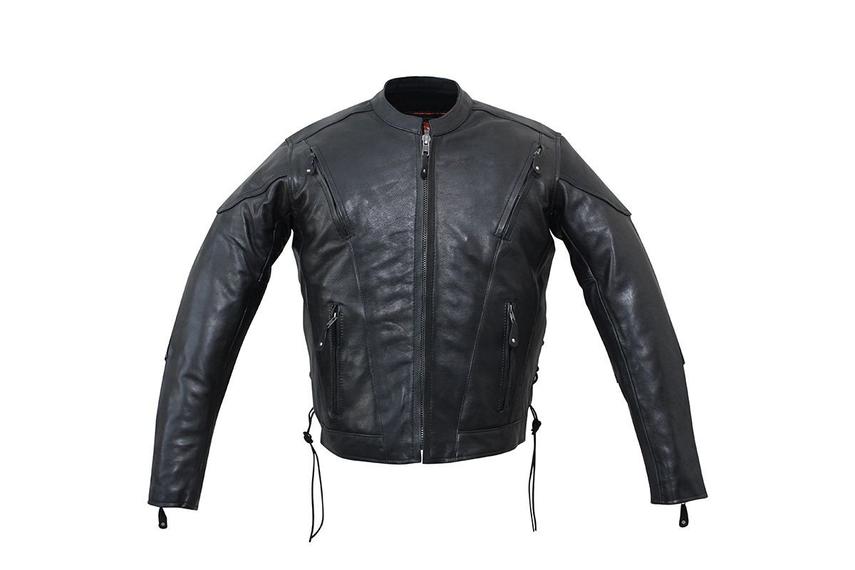 Men’s Premium Black Leather Motorcycle Jacket – Armored Biker Riding Jacket with Zip Pockets