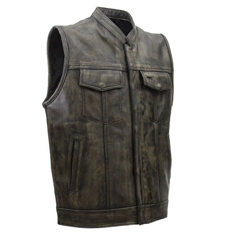 Vintage Distressed Leather Vest – Men’s Classic Motorcycle Biker Sleeveless Jacket
