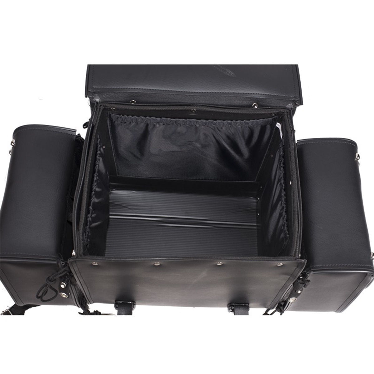 Large Motorcycle Sissy Bar Bag with Side Pockets – Hard Shell Touring Luggage (Black)
