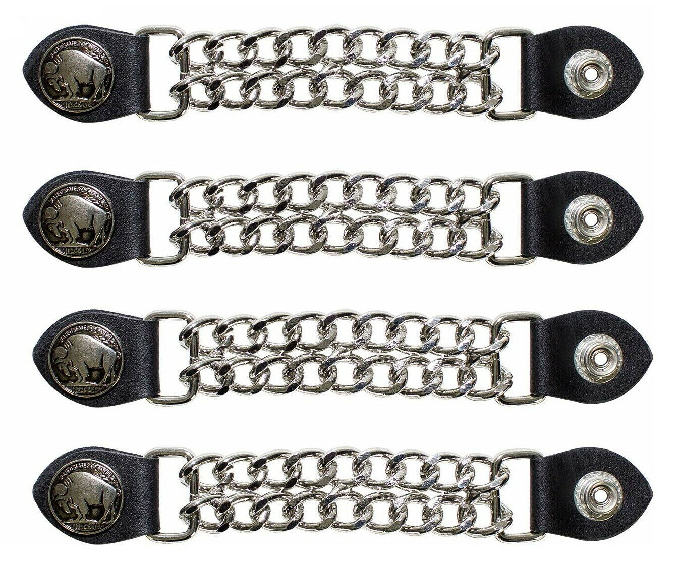 Buffalo Nickel Vest Extenders – 4” & 6.5” Chrome Biker Chains – Unisex Motorcycle Vest Extensions, 4 Pack