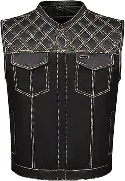 Men's Leather Denim Motorcycle Club Biker Vest with 2 Concealed Carry Pockets