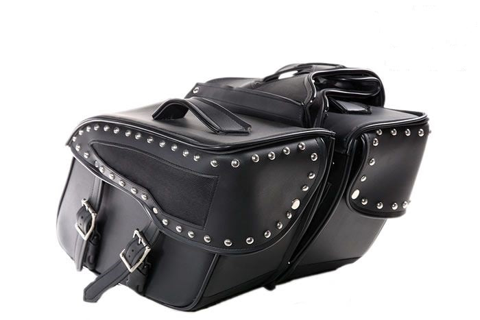 Studded Touring Motorcycle Saddle Bag – Premium Black PU Leather Side Luggage