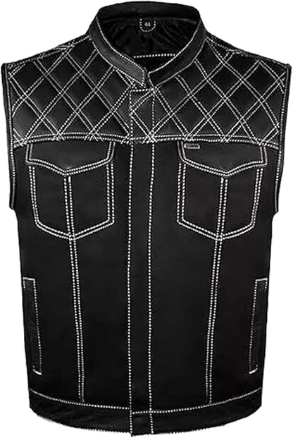 Men's Leather Denim Motorcycle Club Biker Vest with 2 Concealed Carry Pockets