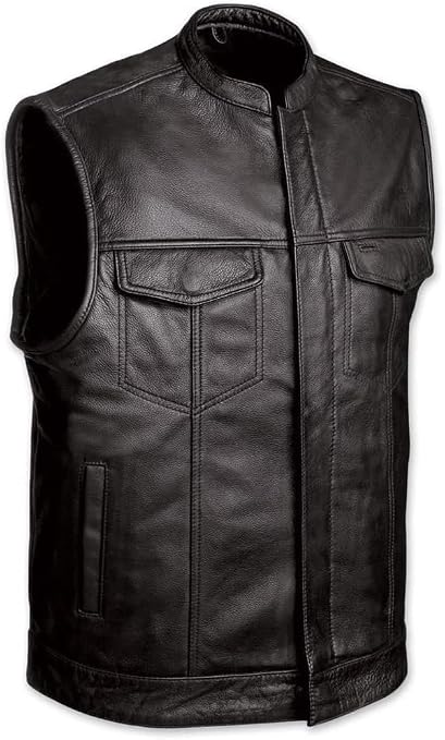 Men's Sleeveless Leather Biker Vest – Club Style Motorcycle Vest with 4 Pockets & Single Back Panel