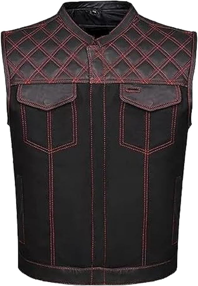 Men's Leather Denim Motorcycle Club Biker Vest with 2 Concealed Carry Pockets
