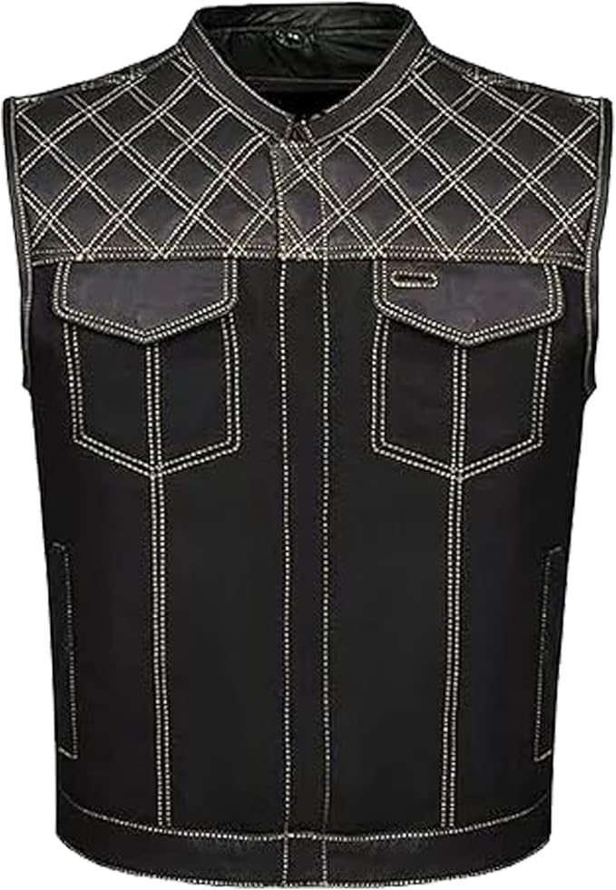 Men's Leather Denim Motorcycle Club Biker Vest with 2 Concealed Carry Pockets