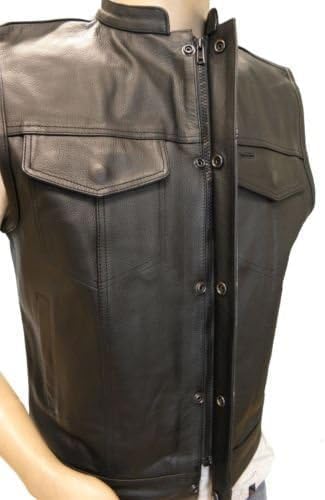 Men's Sleeveless Leather Biker Vest – Club Style Motorcycle Vest with 4 Pockets & Single Back Panel