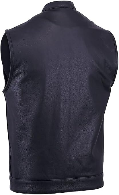 Men's Sleeveless Leather Biker Vest – Club Style Motorcycle Vest with 4 Pockets & Single Back Panel
