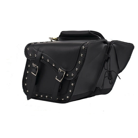 Braided Stud Motorcycle Saddle Bag – Premium Black PU Leather Touring Luggage