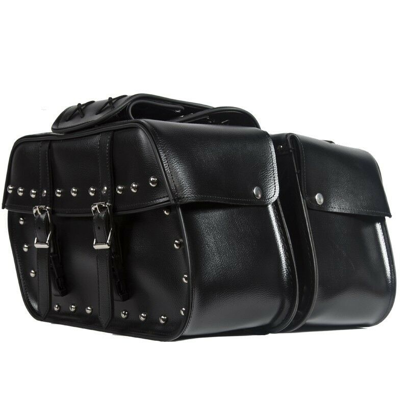 Classic Studded Motorcycle Saddle Bag – Premium Black PU Leather Side Luggage