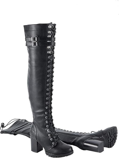 Product image EXCELSIOR INT Women's Solid Synthetic Leather Two Straps Shoes Comfortable And Fashionable High Knee Lace Up Boots For Motorcycle Riding