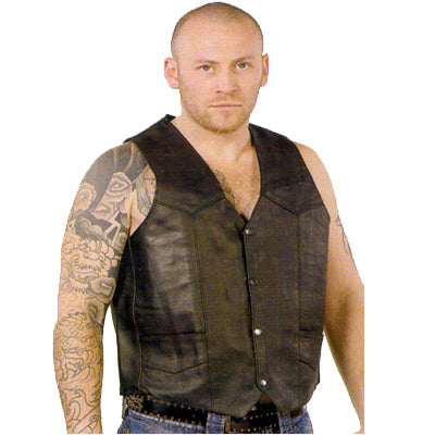 Men’s Classic Black Leather Vest – Biker Style Snap-Front Waistcoat