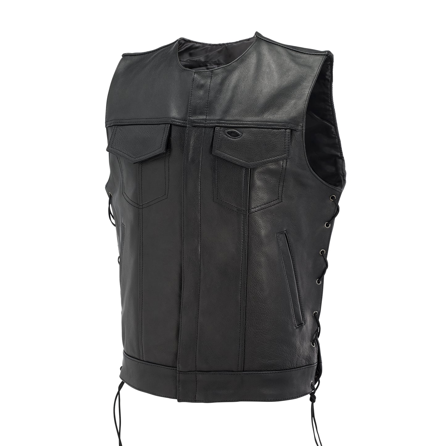Men’s Black Leather Biker Vest – Classic Motorcycle Club Style with Side Lacing