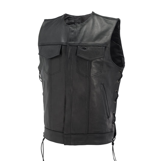 Men’s Black Leather Biker Vest – Classic Motorcycle Club Style with Side Lacing