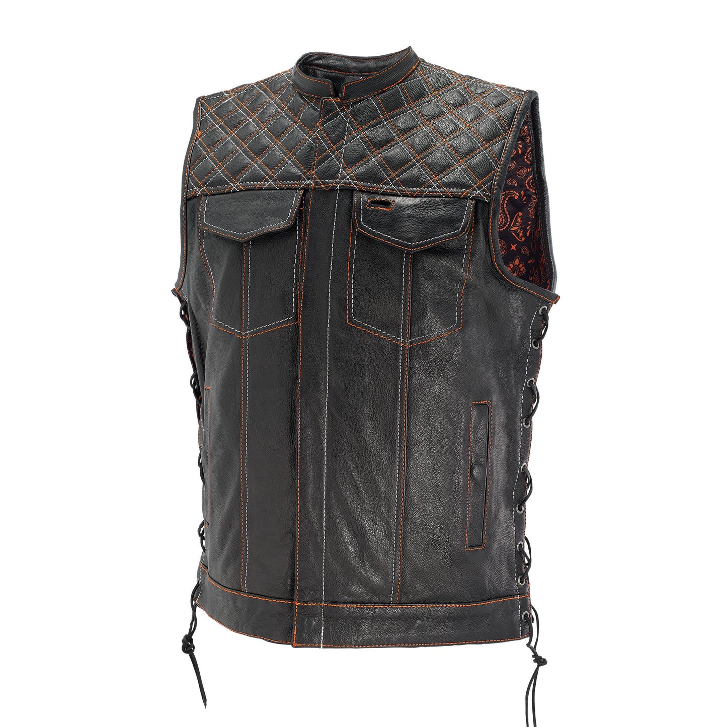Men’s Black Quilted Leather Biker Vest – Orange Stitch Motorcycle Club Style with Side Laces