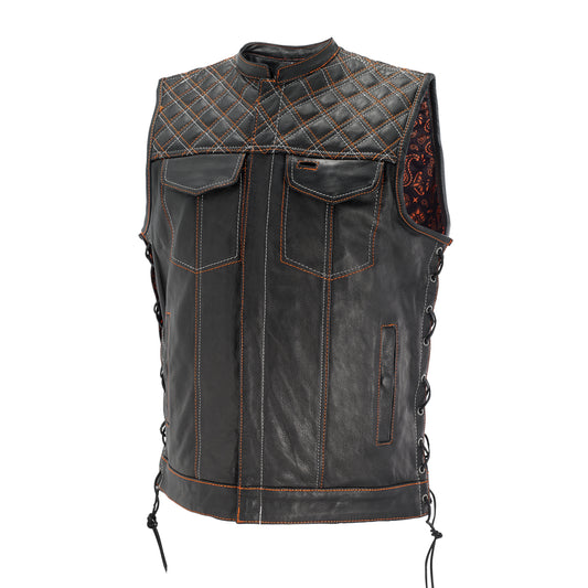 Men’s Black Quilted Leather Biker Vest – Orange Stitch Motorcycle Club Style with Side Laces