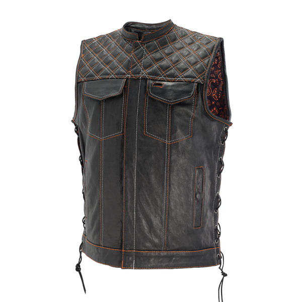 Men’s Black Quilted Leather Biker Vest – Orange Stitch Motorcycle Club Style with Side Laces