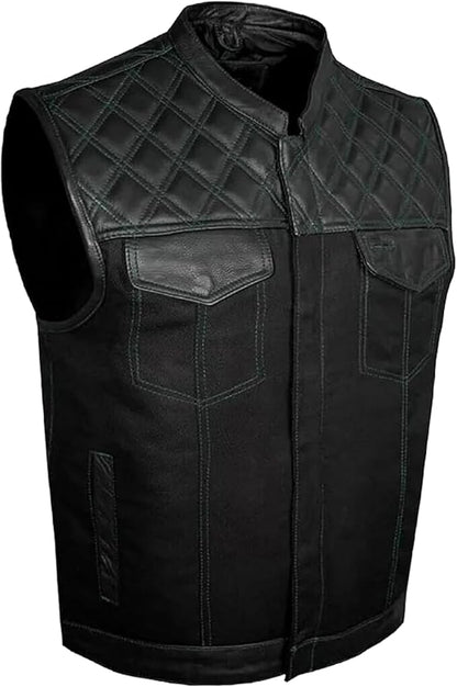 Men's Leather Denim Motorcycle Club Biker Vest with 2 Concealed Carry Pockets