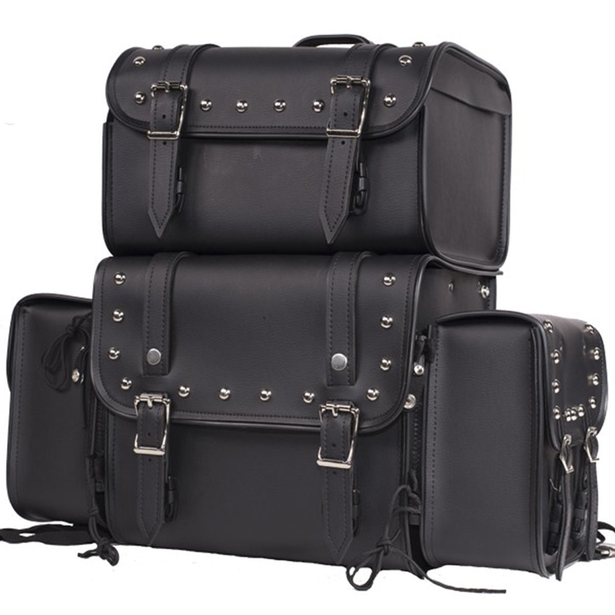Deluxe Studded Motorcycle Sissy Bar Bag Set – Large Capacity Touring Luggage with Side Pouches