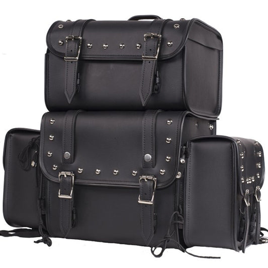 Deluxe Studded Motorcycle Sissy Bar Bag Set – Large Capacity Touring Luggage with Side Pouches