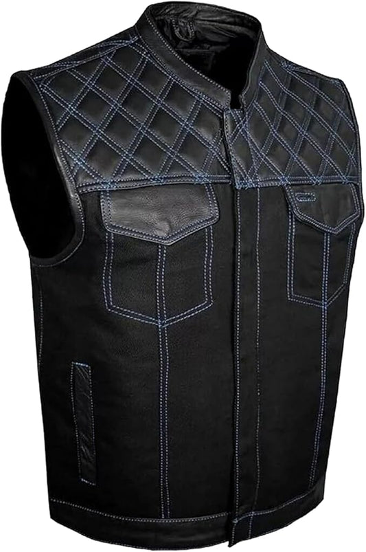 Men's Leather Denim Motorcycle Club Biker Vest with 2 Concealed Carry Pockets