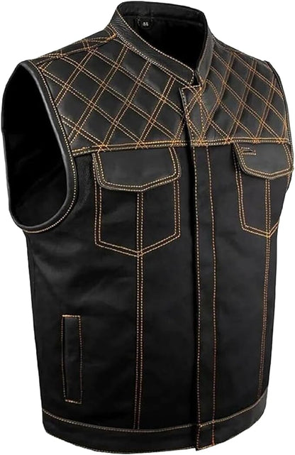 Men's Leather Denim Motorcycle Club Biker Vest with 2 Concealed Carry Pockets