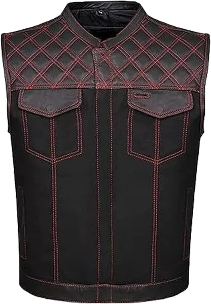 Men's Leather Denim Motorcycle Club Biker Vest with 2 Concealed Carry Pockets