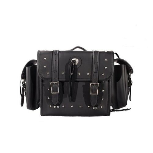 Studded Motorcycle Sissy Bar Bag – PU Leather Touring Luggage with Side Pouches