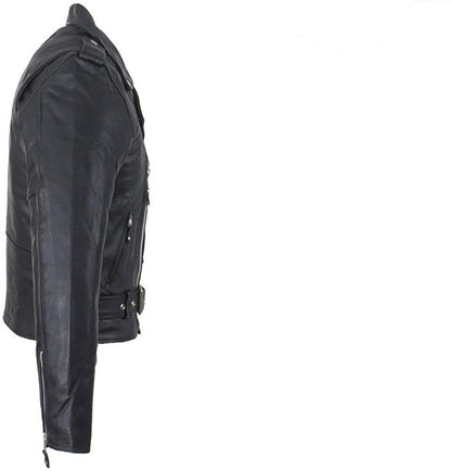 Men's Classic Belt Style Leather Vest – Full Sleeves Soft Leather Motorcycle Biker Jacket for Men – Black
