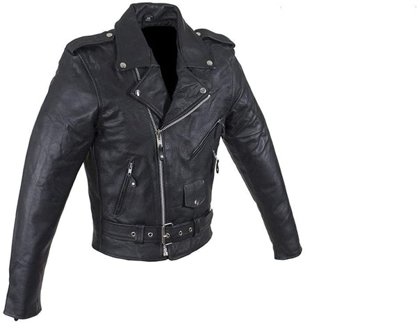 Men's Classic Belt Style Leather Vest – Full Sleeves Soft Leather Motorcycle Biker Jacket for Men – Black
