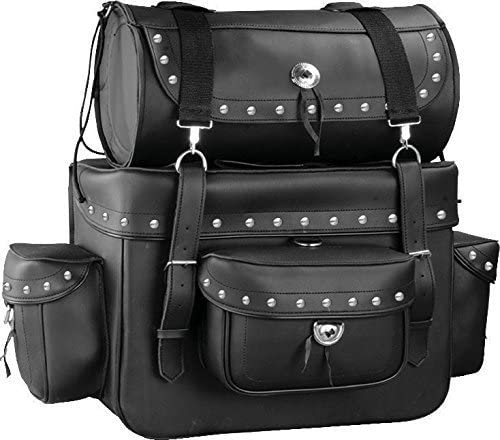 Motorcycle Sissy Bar Bag 2 Piece Touring Luggage Set – Plain Black Cruiser Backrest Bag with Top Roll – Fits Harley, Honda, Yamaha, Kawasaki – Waterproof Travel Storage
