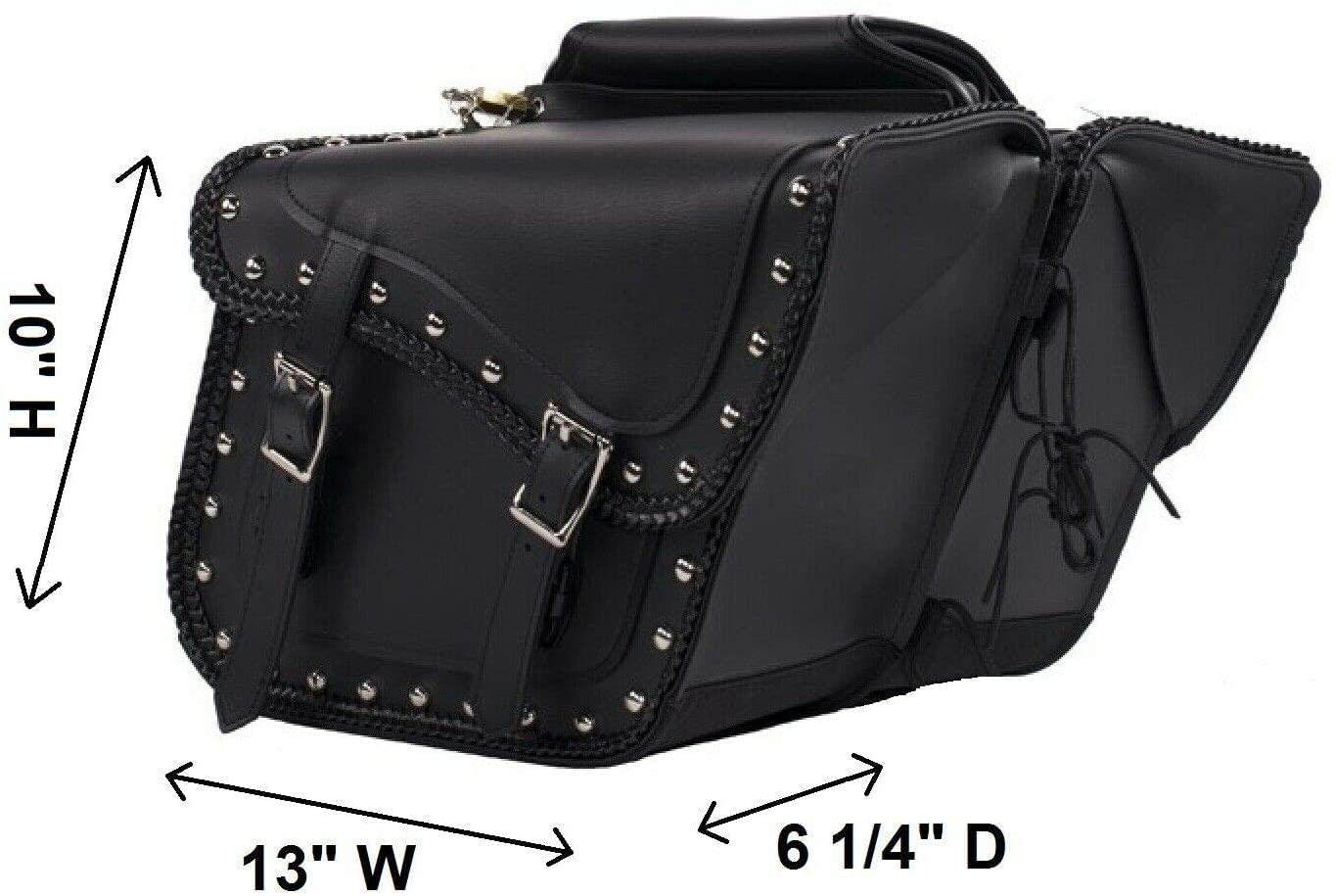 Black Leather Braided And Studded Buckles Saddle Bag