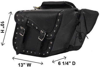 Black Leather Braided And Studded Buckles Saddle Bag