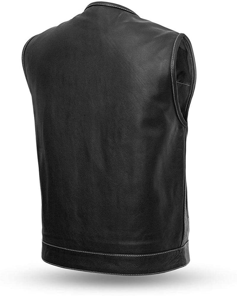 Men's Club Style Leather Motorcycle Vest – Collarless, Concealed Carry, Patch Ready – Black Biker Vest