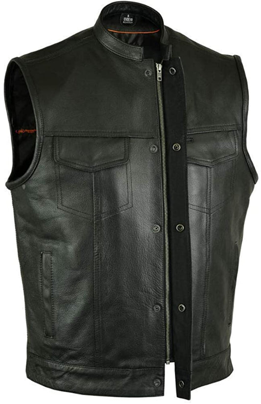 Men's Style Leather Motorcycle Vest – Sleeveless Biker Jacket with Concealed Pocket – Black Riding Vest
