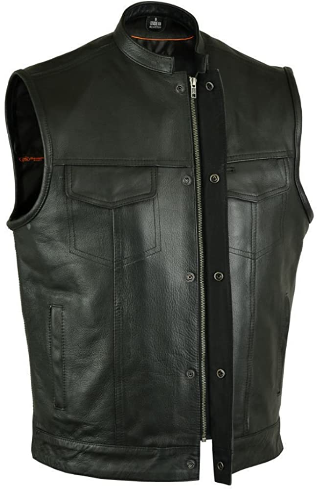 Men's Sleeveless Leather Biker Vest – Club Style Motorcycle Vest with 4 Pockets & Single Back Panel