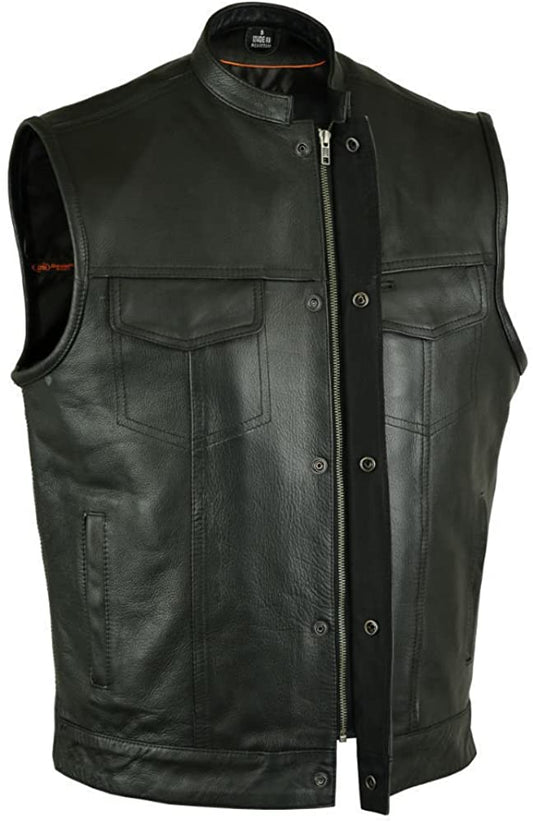 Men's Sleeveless Leather Biker Vest – Club Style Motorcycle Vest with 4 Pockets & Single Back Panel