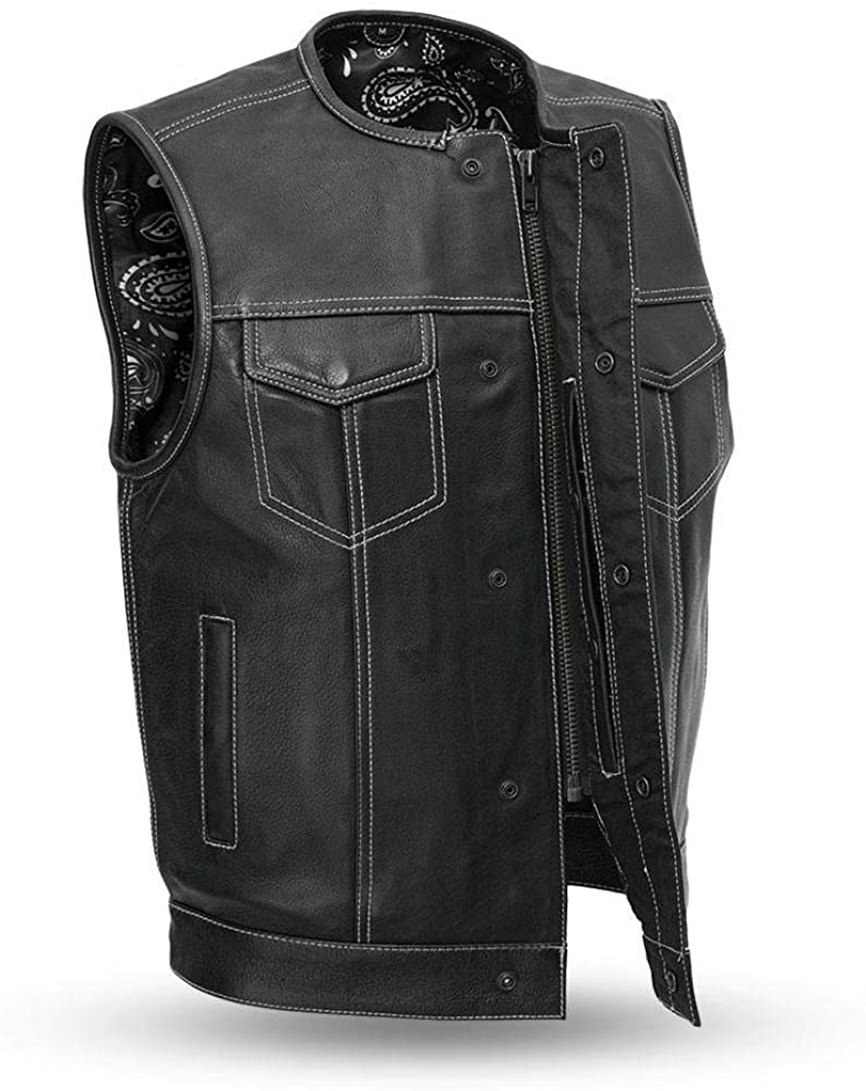 Men's Club Style Leather Motorcycle Vest – Collarless, Concealed Carry, Patch Ready – Black Biker Vest