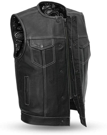 Men's Club Style Leather Motorcycle Vest – Collarless, Concealed Carry, Patch Ready – Black Biker Vest