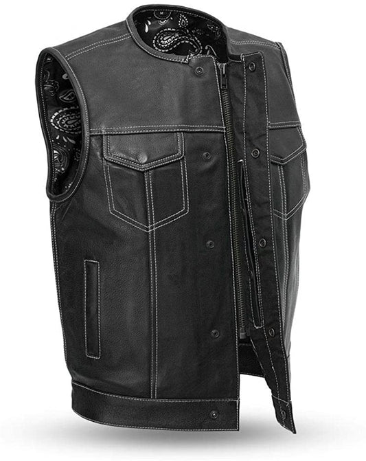 Men's Club Style Leather Motorcycle Vest – Collarless, Concealed Carry, Patch Ready – Black Biker Vest