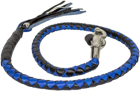 EXCELSIOR INTERNATIONAL 42" Motorcycle Get Back Whip Genuine Leather Biker Whip for Handlebar, Motorcycle Whip with Fringes and Skulls - Blue & Black