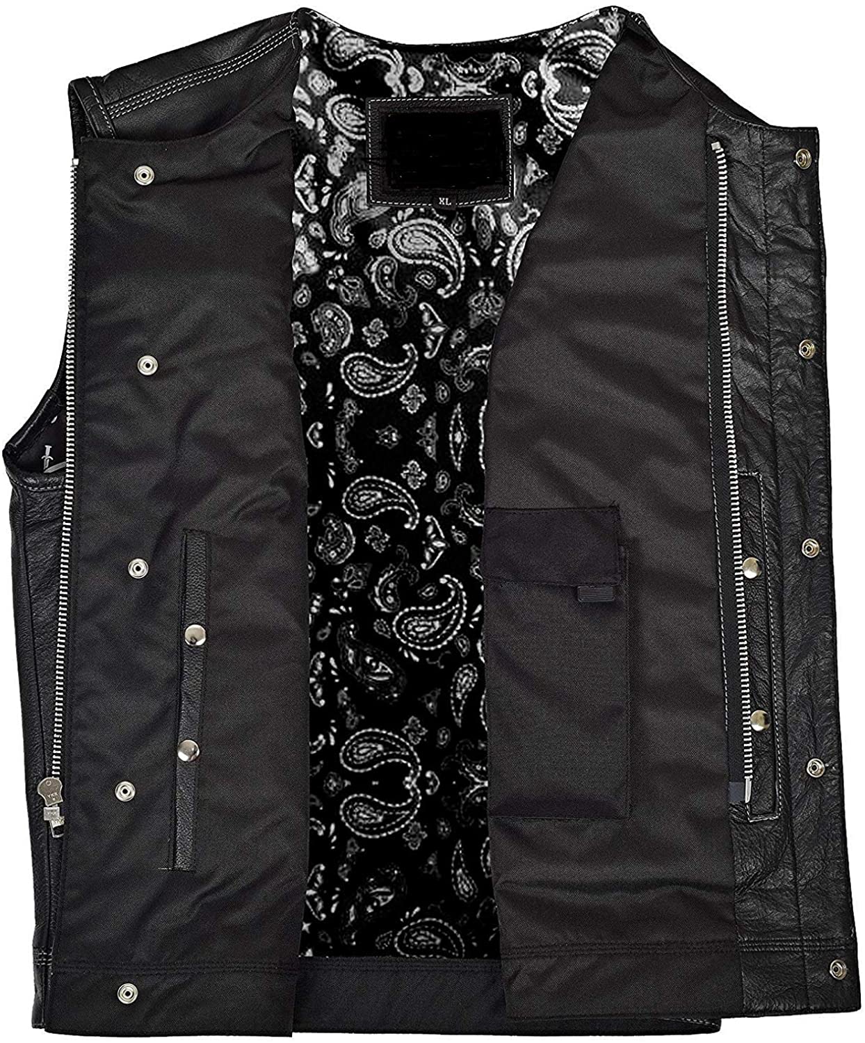 Men's Club Style Leather Motorcycle Vest – Collarless, Concealed Carry, Patch Ready – Black Biker Vest