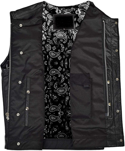 Men's Club Style Leather Motorcycle Vest – Collarless, Concealed Carry, Patch Ready – Black Biker Vest