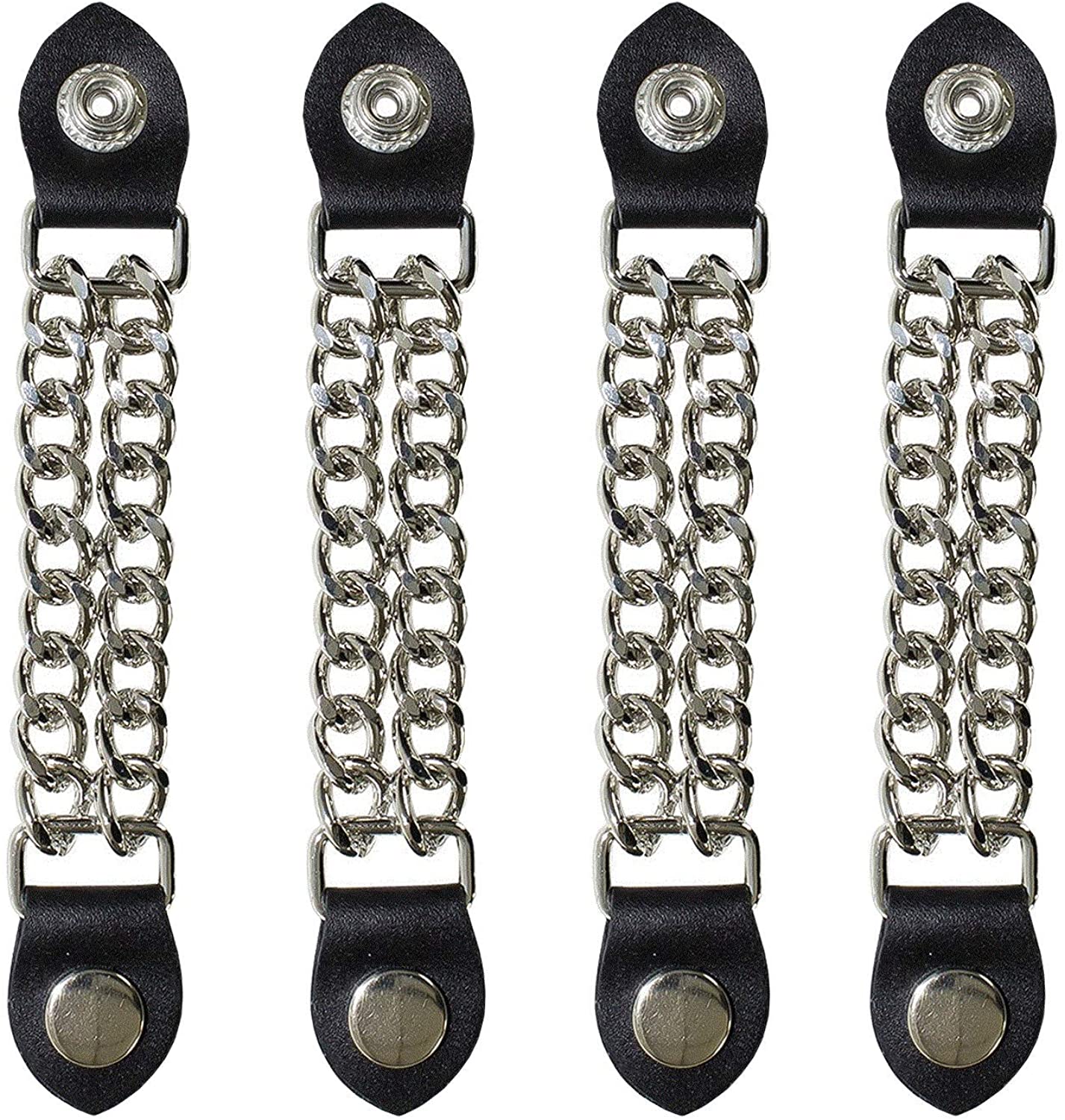 Unisex Motorcycle Vest Extenders – 4 Pc Set, 4" Chrome Chain & 6½" Length – Durable Metal and Black Leather – Plain Chain Design for Bikers, Easy Snap-On Fit