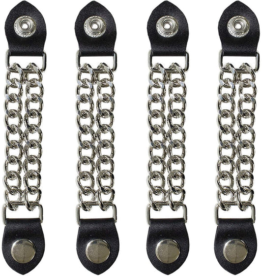 Unisex Motorcycle Vest Extenders – 4 Pc Set, 4" Chrome Chain & 6½" Length – Durable Metal and Black Leather – Plain Chain Design for Bikers, Easy Snap-On Fit