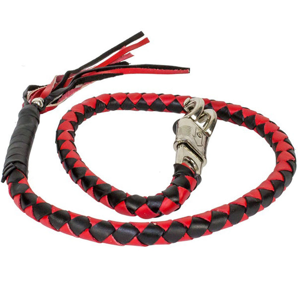 EXCELSIOR INTERNATIONAL 42" Motorcycle Get Back Whip Genuine Leather Biker Whip for Handlebar, Motorcycle Whip with Fringes and Skulls - Red