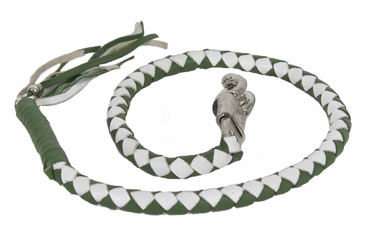 42 inch Long 1/2” Diameter All Black Naked Soft Genuine Leather Motorcycle Get Back Whip - White & Green